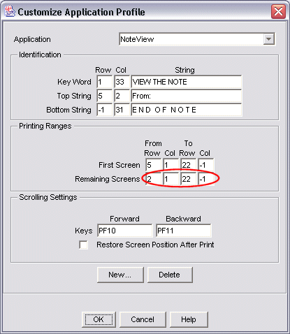 Application profile with printing range for remaining screens